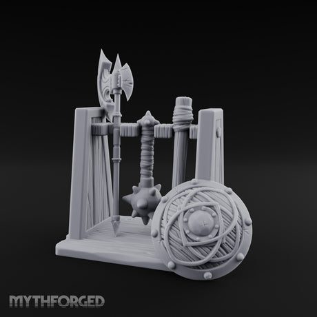 Axe-Crowned Shield-Leaned Tribal Weapon Rack Miniature for Dungeons and Dragons, Pathfinder or other TTRPGs