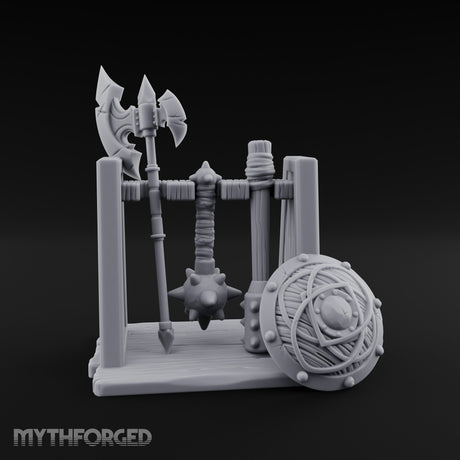 Axe-Crowned Shield-Leaned Tribal Weapon Rack Miniature for Dungeons and Dragons, Pathfinder or other TTRPGs