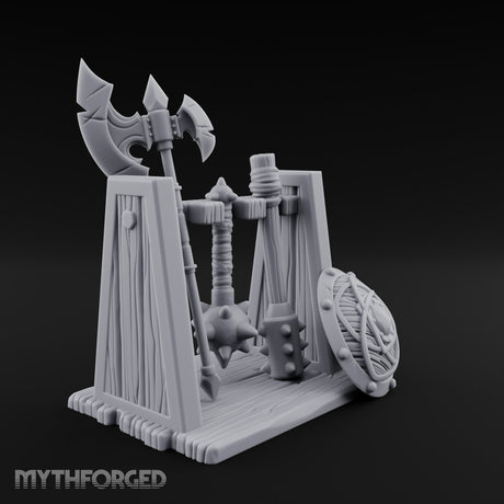 Axe-Crowned Shield-Leaned Tribal Weapon Rack Miniature for Dungeons and Dragons, Pathfinder or other TTRPGs