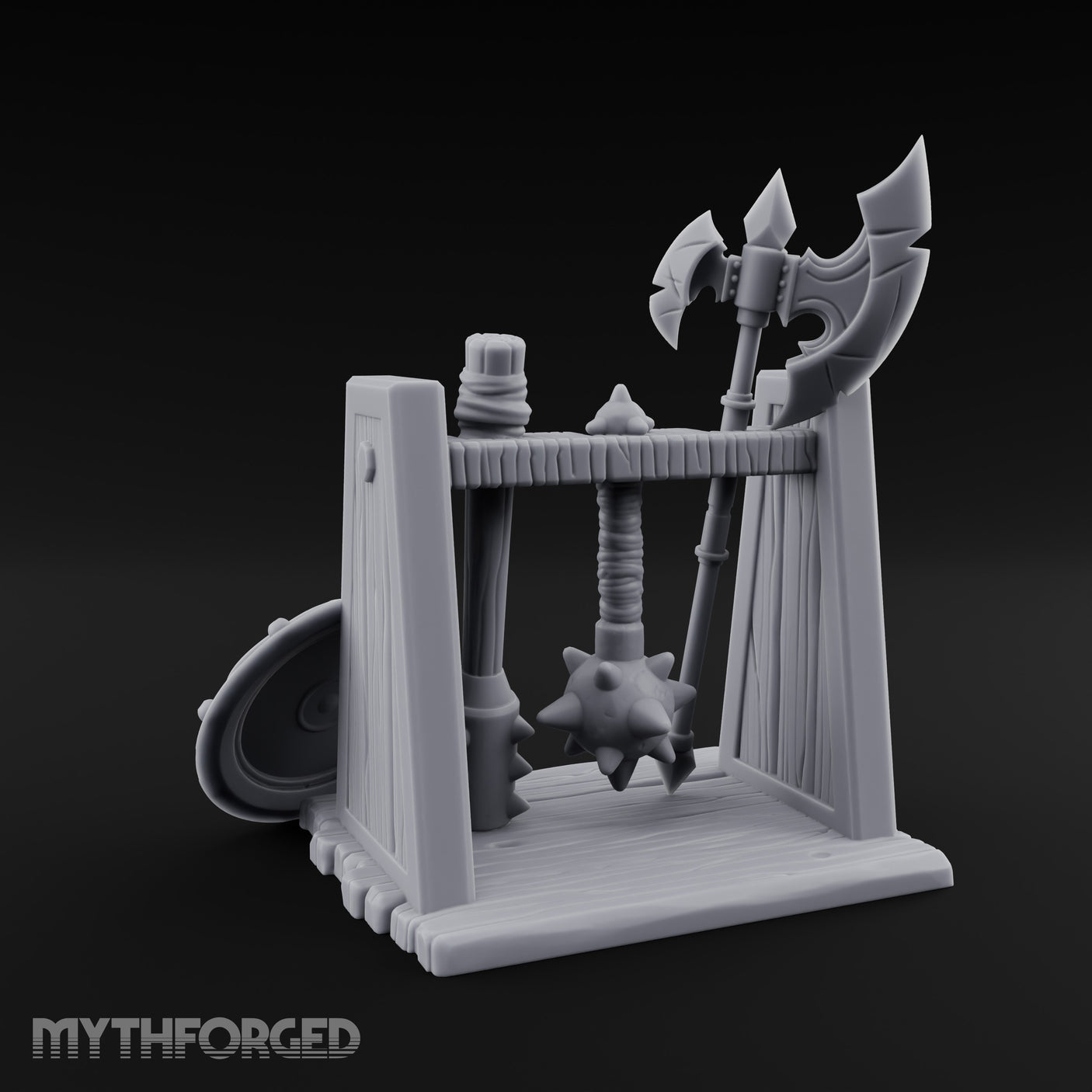 Axe-Crowned Shield-Leaned Tribal Weapon Rack gallery 6