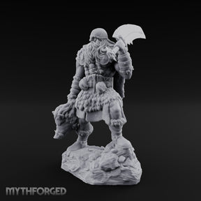 Axe Raised Striding Human Huntmaster Miniature for Dungeons and Dragons, Pathfinder or other TTRPGs
