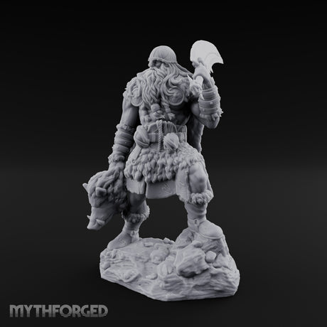 Axe Raised Striding Human Huntmaster Miniature for Dungeons and Dragons, Pathfinder or other TTRPGs