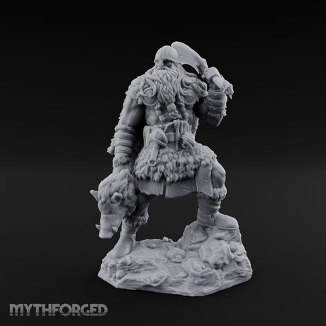 Axe Raised Striding Human Huntmaster Miniature for Dungeons and Dragons, Pathfinder or other TTRPGs