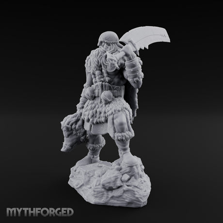 Axe Raised Striding Human Huntmaster Miniature for Dungeons and Dragons, Pathfinder or other TTRPGs