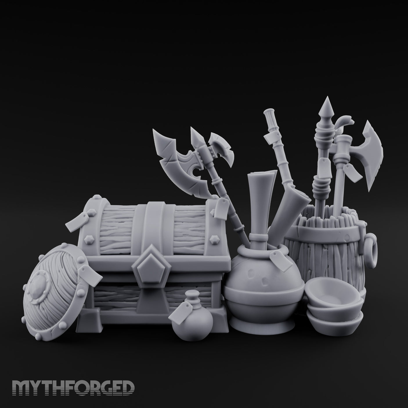 Axe-Stuffed Loot-Laden Warrior's Chest and Barrel Clutter Scene Miniature for Dungeons and Dragons, Pathfinder or other TTRPGs