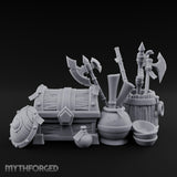 Axe-Stuffed Loot-Laden Warrior's Chest and Barrel Clutter Scene Miniature for Dungeons and Dragons, Pathfinder or other TTRPGs