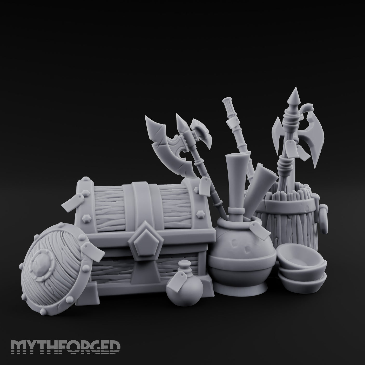 Axe-Stuffed Loot-Laden Warrior's Chest and Barrel Clutter Scene Miniature for Dungeons and Dragons, Pathfinder or other TTRPGs