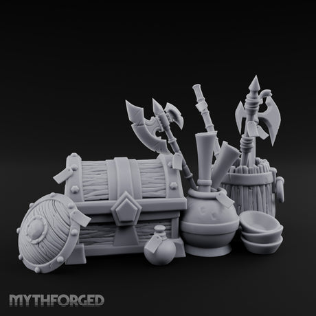 Axe-Stuffed Loot-Laden Warrior's Chest and Barrel Clutter Scene Miniature for Dungeons and Dragons, Pathfinder or other TTRPGs