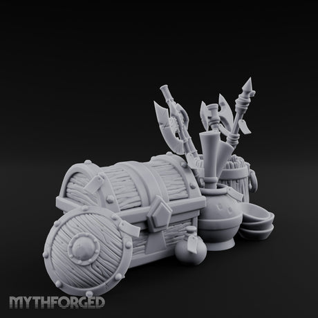 Axe-Stuffed Loot-Laden Warrior's Chest and Barrel Clutter Scene Miniature for Dungeons and Dragons, Pathfinder or other TTRPGs