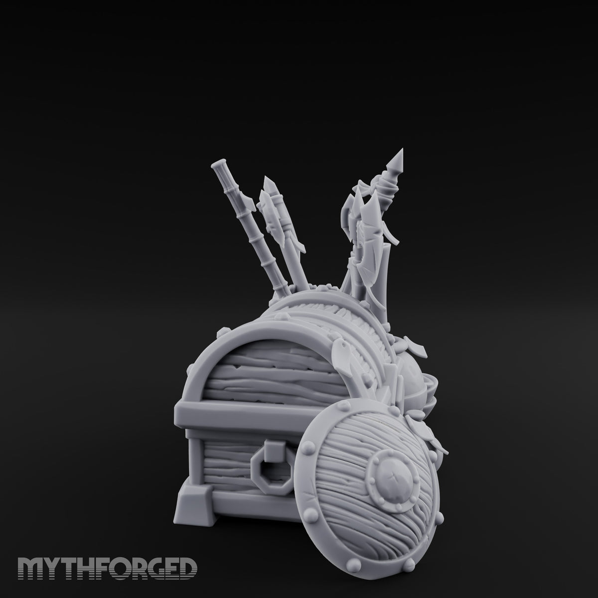 Axe-Stuffed Loot-Laden Warrior's Chest and Barrel Clutter Scene Miniature for Dungeons and Dragons, Pathfinder or other TTRPGs