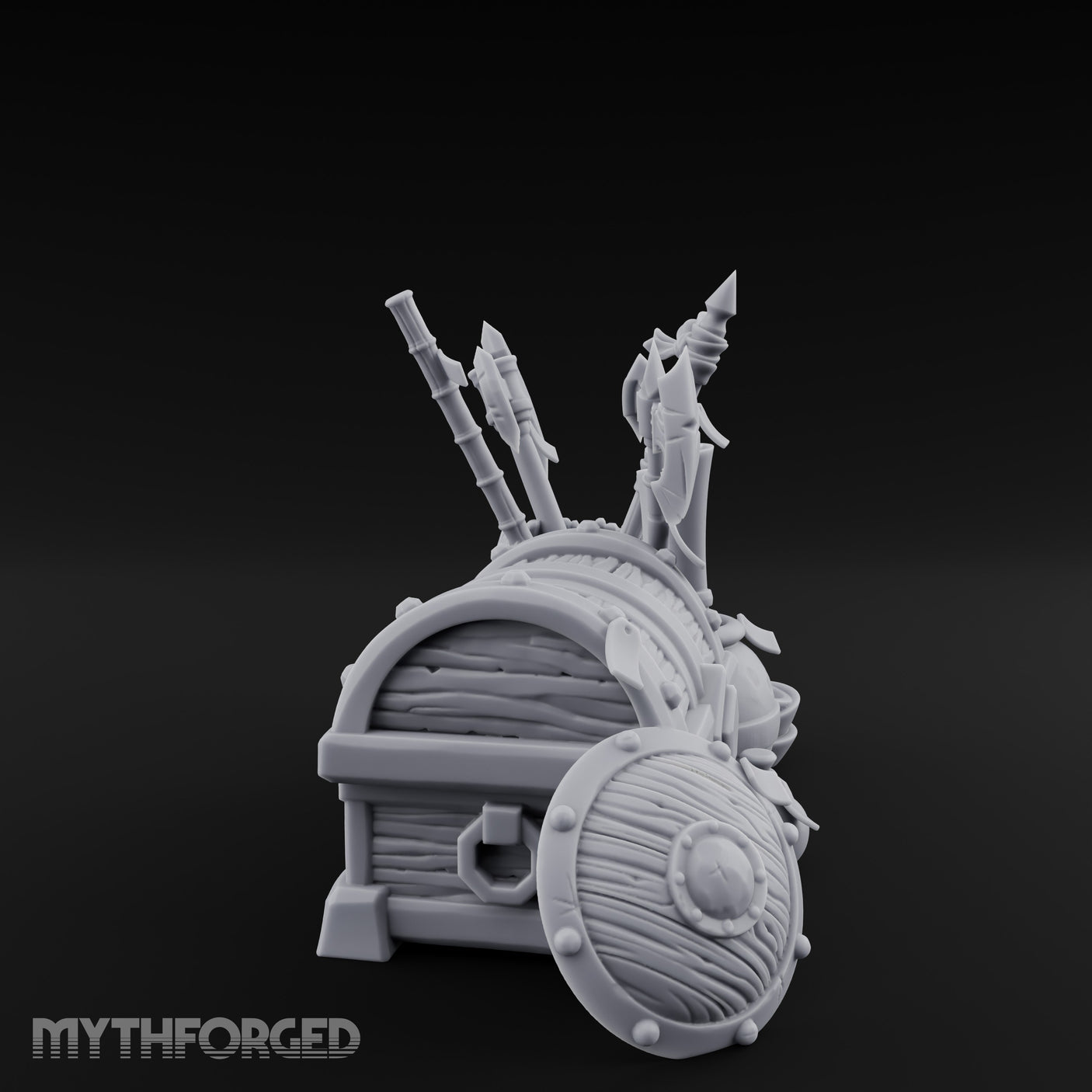 Axe-Stuffed Loot-Laden Warrior's Chest and Barrel Clutter Scene Miniature for Dungeons and Dragons, Pathfinder or other TTRPGs
