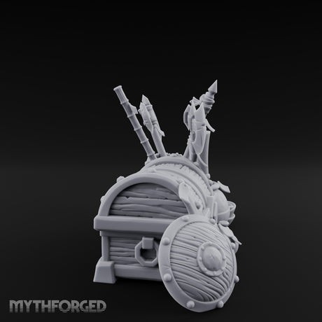 Axe-Stuffed Loot-Laden Warrior's Chest and Barrel Clutter Scene Miniature for Dungeons and Dragons, Pathfinder or other TTRPGs