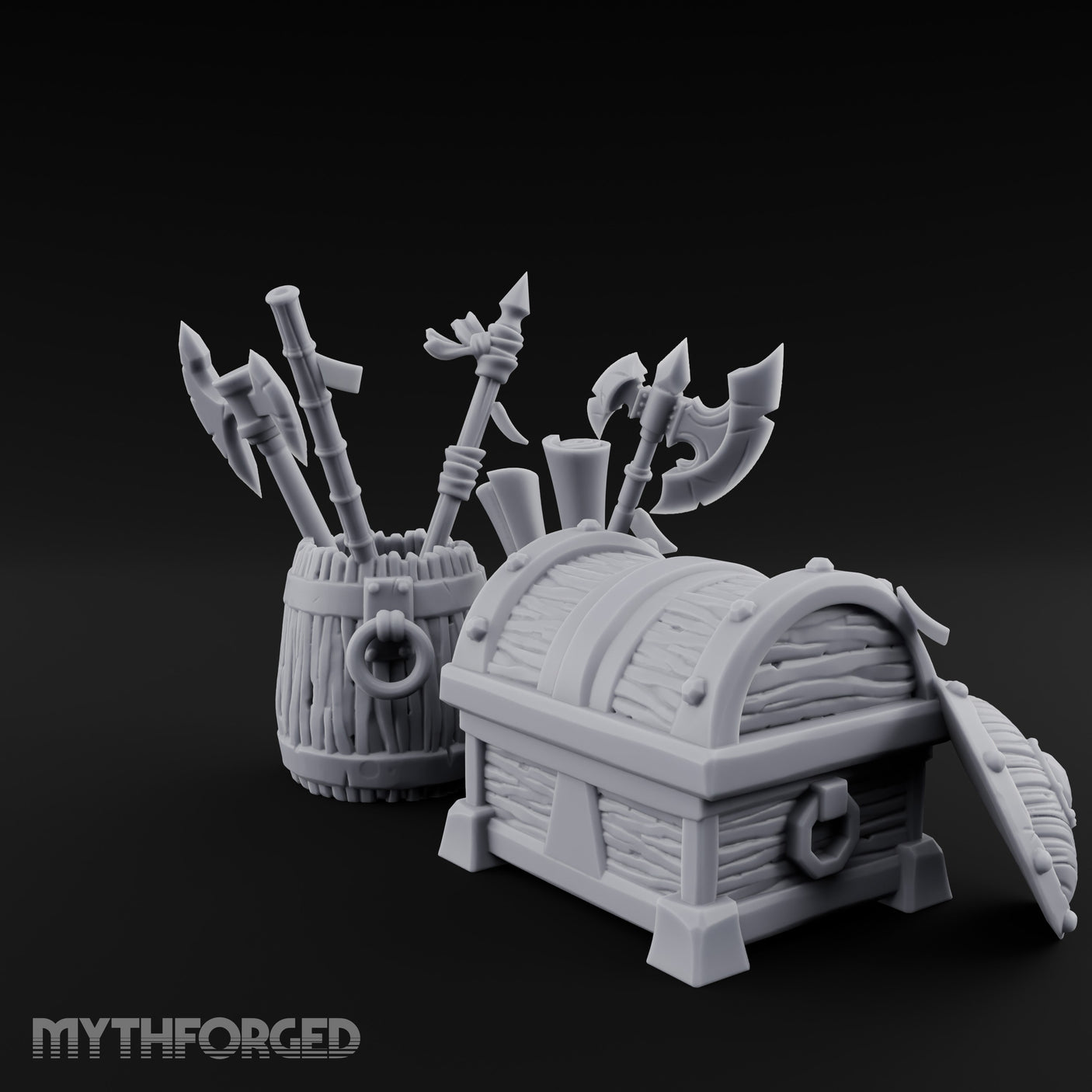 Axe-Stuffed Loot-Laden Warrior's Chest and Barrel Clutter Scene Miniature for Dungeons and Dragons, Pathfinder or other TTRPGs
