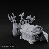 Axe-Stuffed Loot-Laden Warrior's Chest and Barrel Clutter Scene Miniature for Dungeons and Dragons, Pathfinder or other TTRPGs