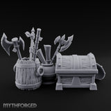 Axe-Stuffed Loot-Laden Warrior's Chest and Barrel Clutter Scene Miniature for Dungeons and Dragons, Pathfinder or other TTRPGs