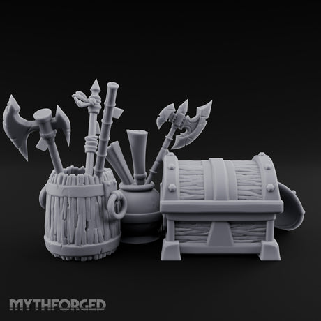 Axe-Stuffed Loot-Laden Warrior's Chest and Barrel Clutter Scene Miniature for Dungeons and Dragons, Pathfinder or other TTRPGs