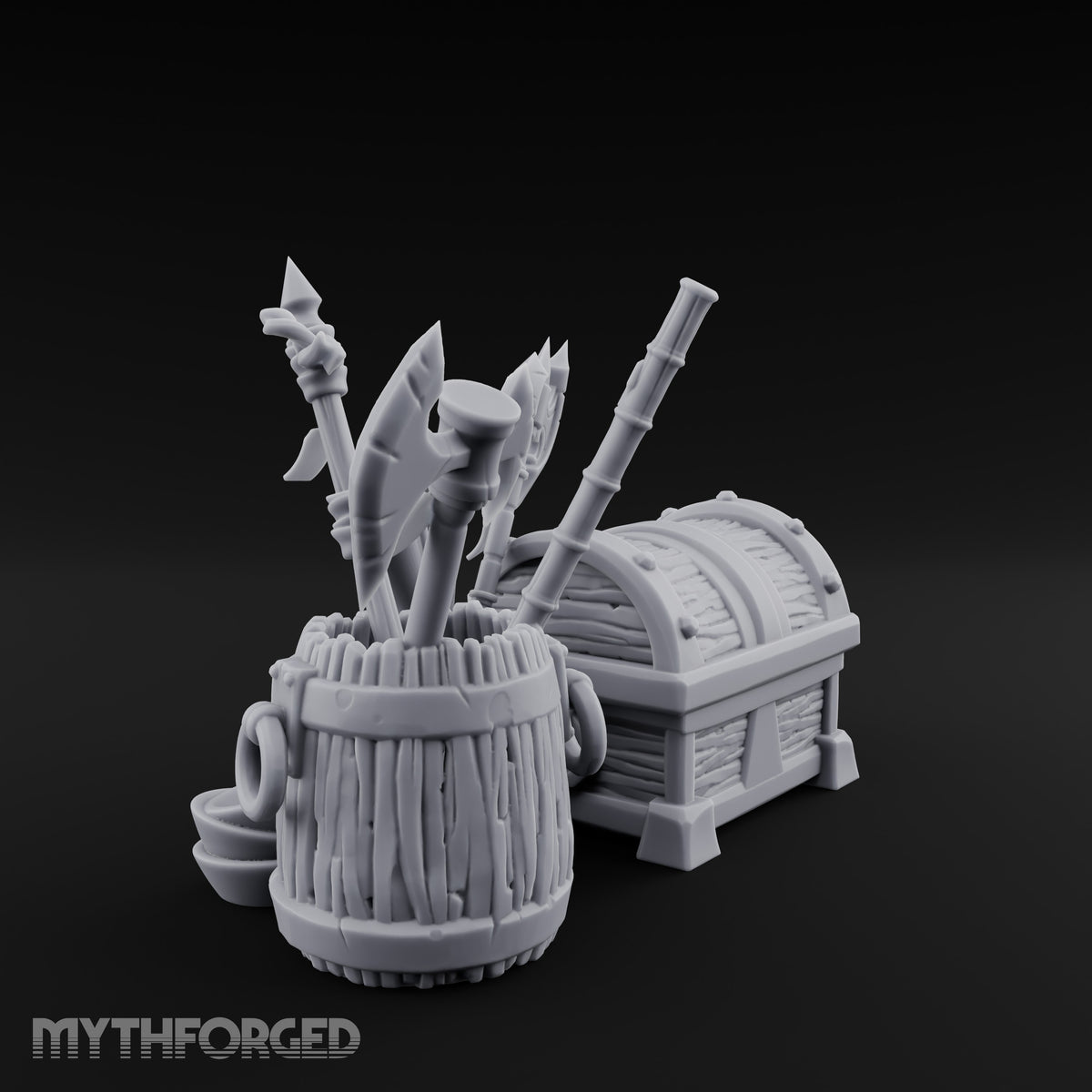 Axe-Stuffed Loot-Laden Warrior's Chest and Barrel Clutter Scene Miniature for Dungeons and Dragons, Pathfinder or other TTRPGs