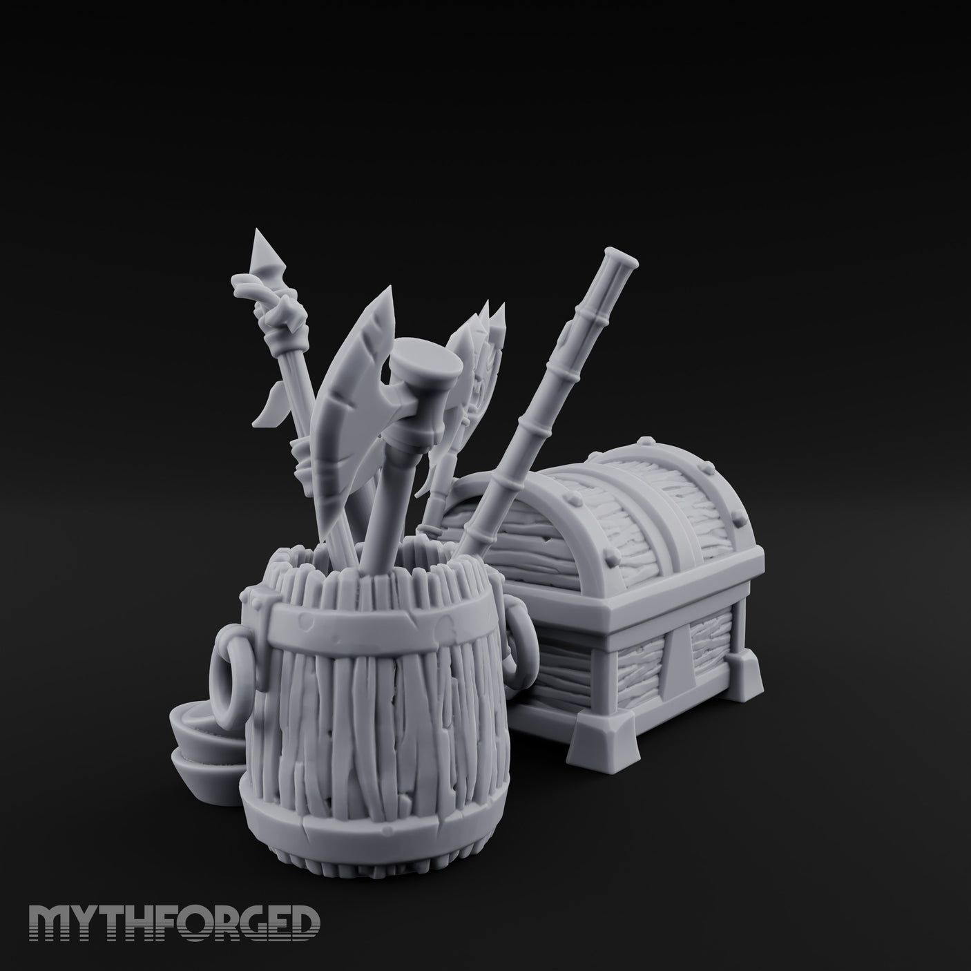Axe-Stuffed Loot-Laden Warrior's Chest and Barrel Clutter Scene Miniature for Dungeons and Dragons, Pathfinder or other TTRPGs