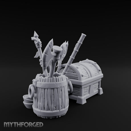 Axe-Stuffed Loot-Laden Warrior's Chest and Barrel Clutter Scene Miniature for Dungeons and Dragons, Pathfinder or other TTRPGs