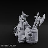 Axe-Stuffed Loot-Laden Warrior's Chest and Barrel Clutter Scene Miniature for Dungeons and Dragons, Pathfinder or other TTRPGs