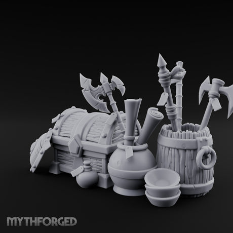 Axe-Stuffed Loot-Laden Warrior's Chest and Barrel Clutter Scene Miniature for Dungeons and Dragons, Pathfinder or other TTRPGs