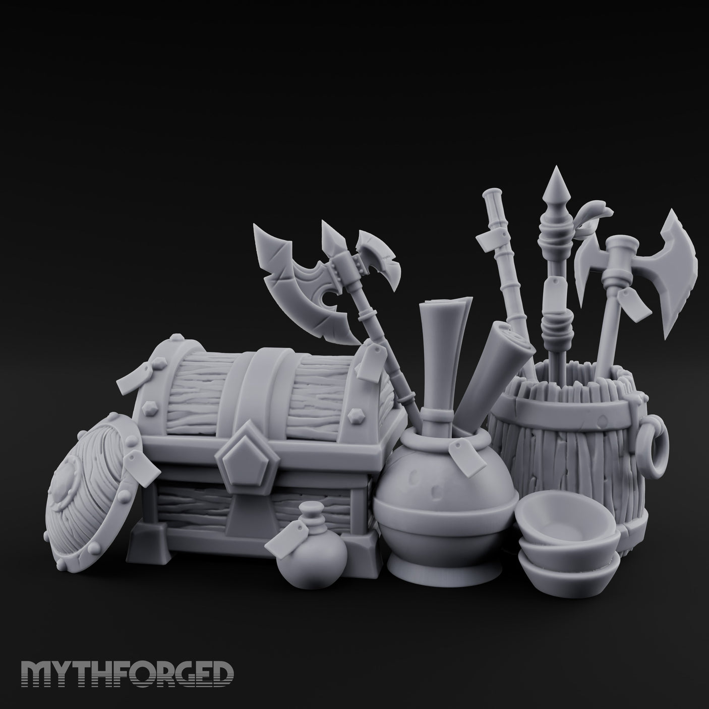 Axe-Stuffed Loot-Laden Warrior's Chest and Barrel Clutter Scene Miniature for Dungeons and Dragons, Pathfinder or other TTRPGs