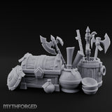 Axe-Stuffed Loot-Laden Warrior's Chest and Barrel Clutter Scene Miniature for Dungeons and Dragons, Pathfinder or other TTRPGs