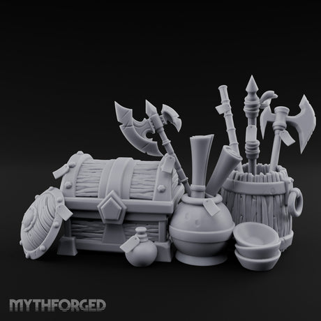 Axe-Stuffed Loot-Laden Warrior's Chest and Barrel Clutter Scene Miniature for Dungeons and Dragons, Pathfinder or other TTRPGs