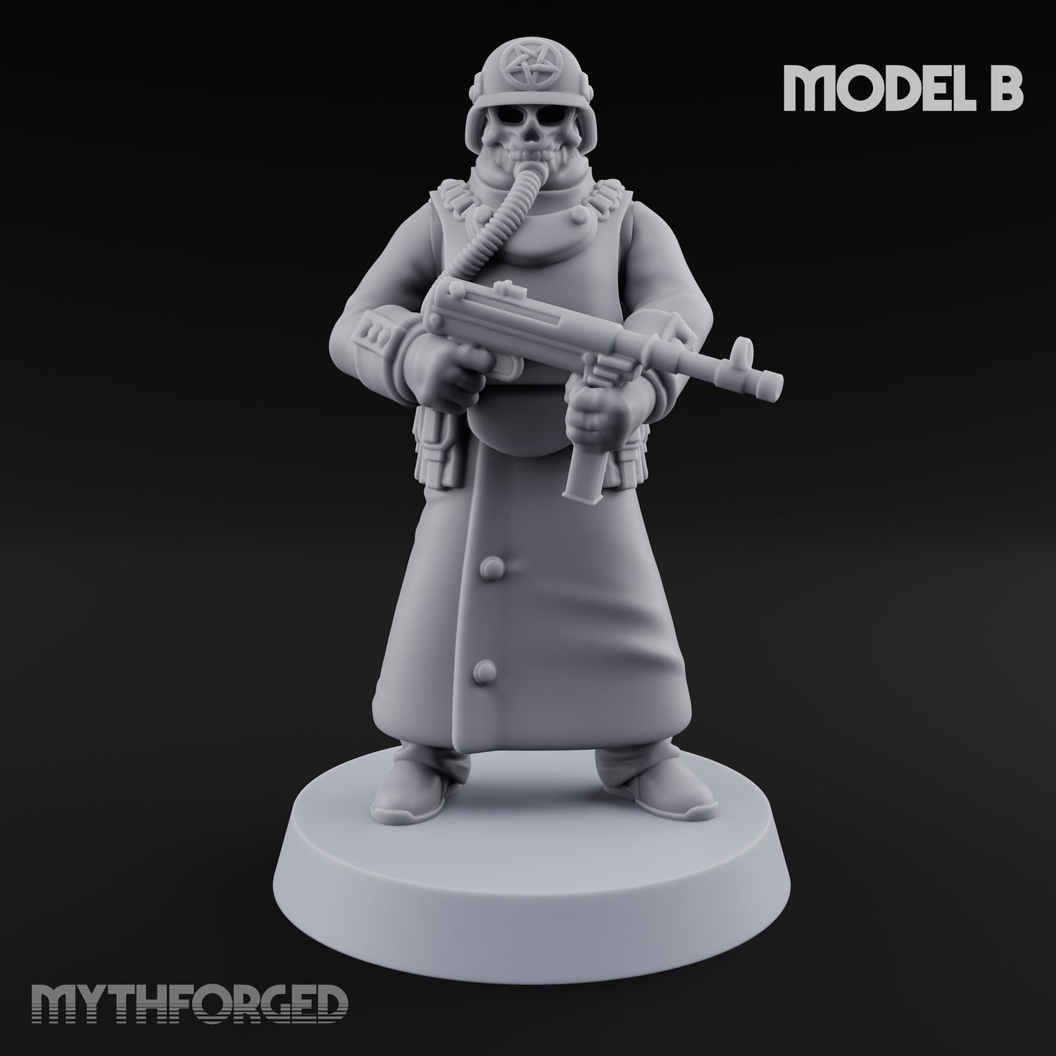 Gas-Masked Trenchcoated Skeleton Trooper B Miniature for Dungeons and Dragons, Pathfinder or other TTRPGs