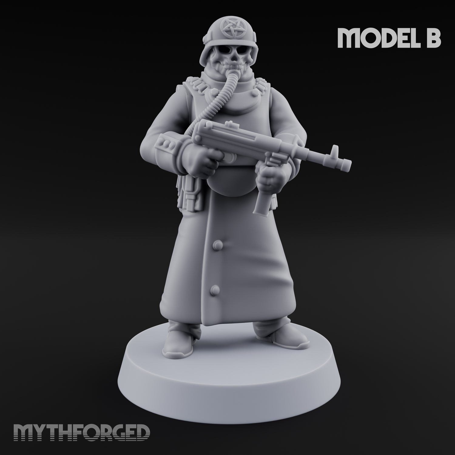 Gas-Masked Trenchcoated Skeleton Trooper B Miniature for Dungeons and Dragons, Pathfinder or other TTRPGs
