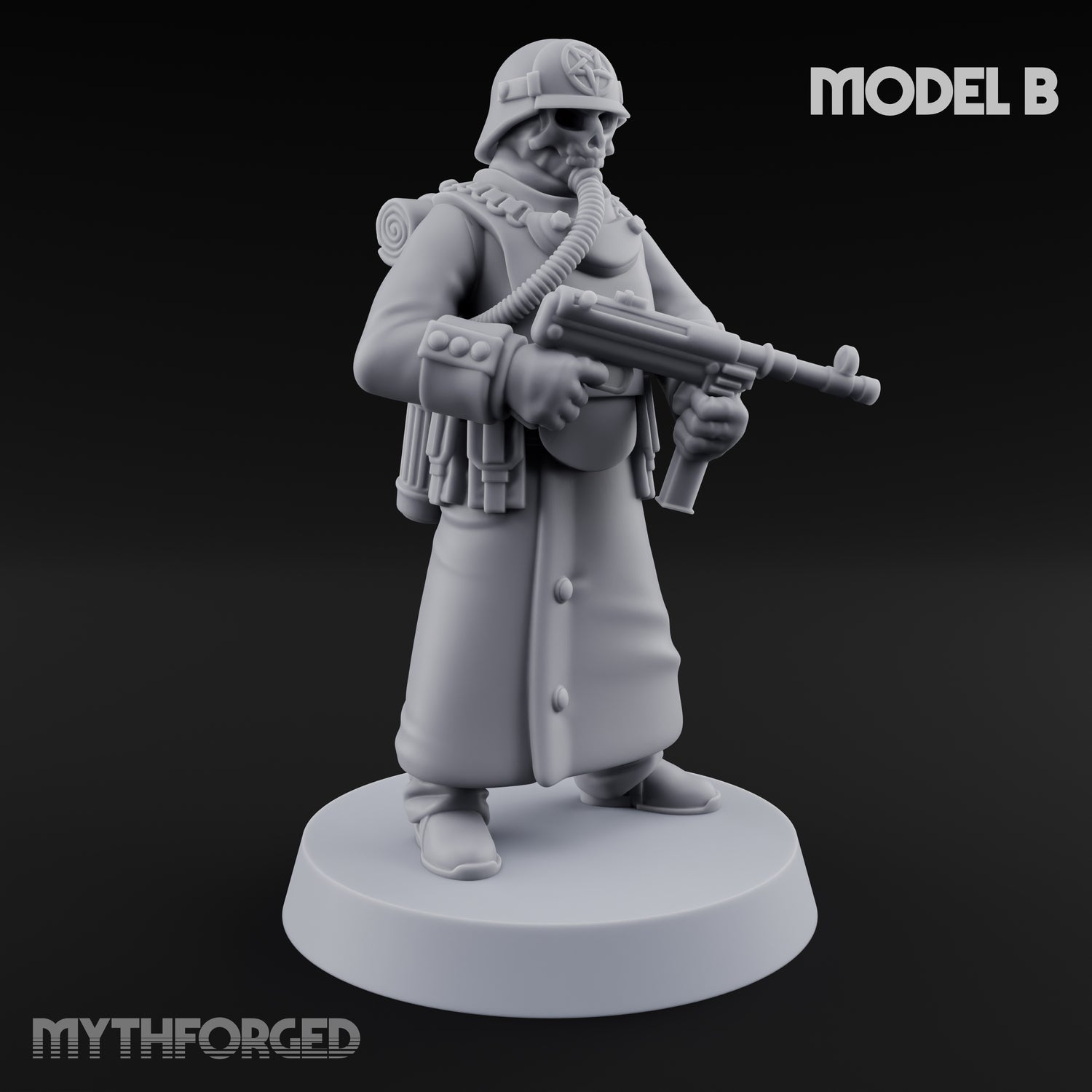 Gas-Masked Trenchcoated Skeleton Trooper B Miniature for Dungeons and Dragons, Pathfinder or other TTRPGs