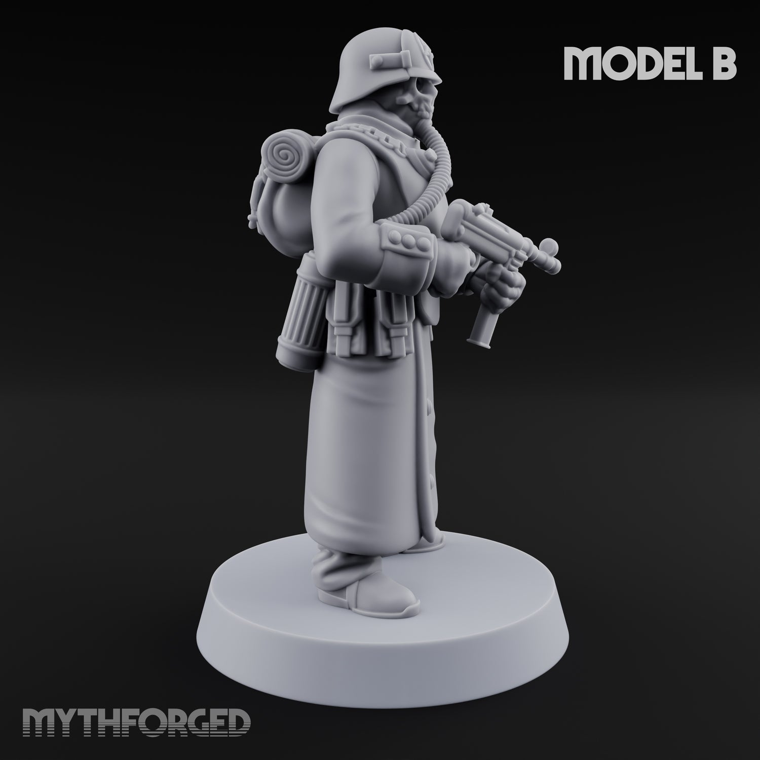 Gas-Masked Trenchcoated Skeleton Trooper B Miniature for Dungeons and Dragons, Pathfinder or other TTRPGs