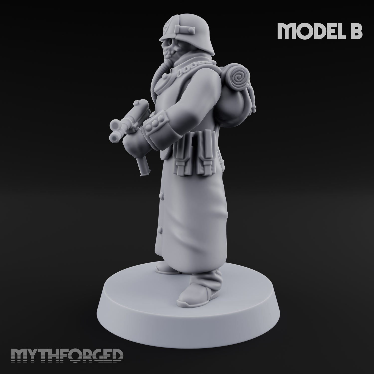 Gas-Masked Trenchcoated Skeleton Trooper B Miniature for Dungeons and Dragons, Pathfinder or other TTRPGs