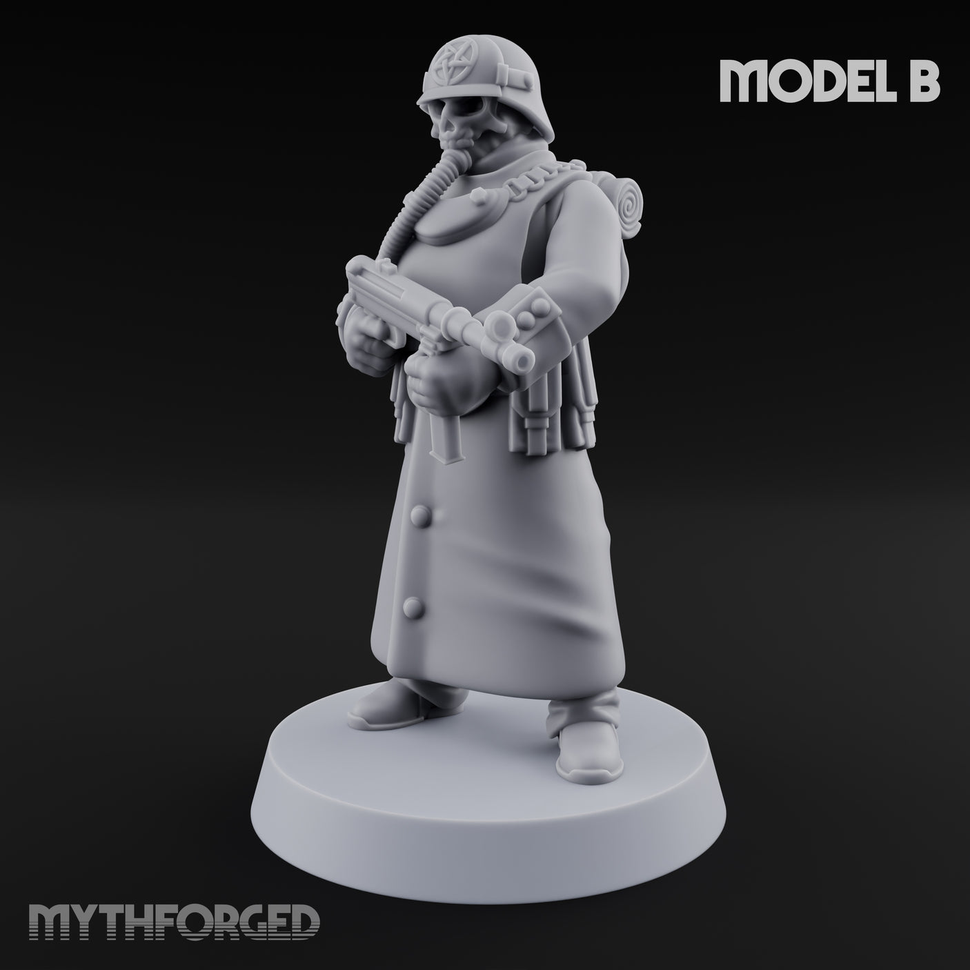 Gas-Masked Trenchcoated Skeleton Trooper B Miniature for Dungeons and Dragons, Pathfinder or other TTRPGs
