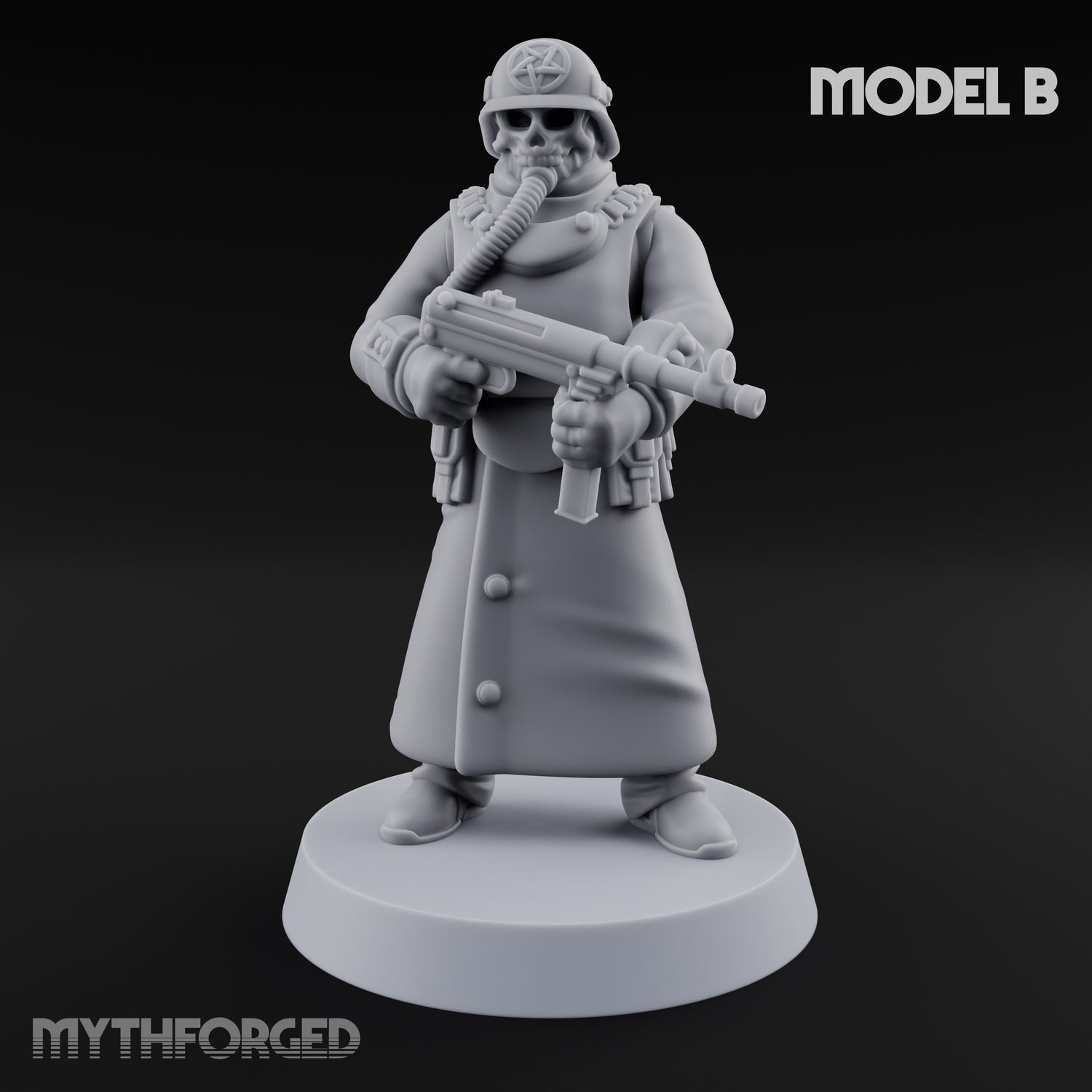 Gas-Masked Trenchcoated Skeleton Trooper B Miniature for Dungeons and Dragons, Pathfinder or other TTRPGs