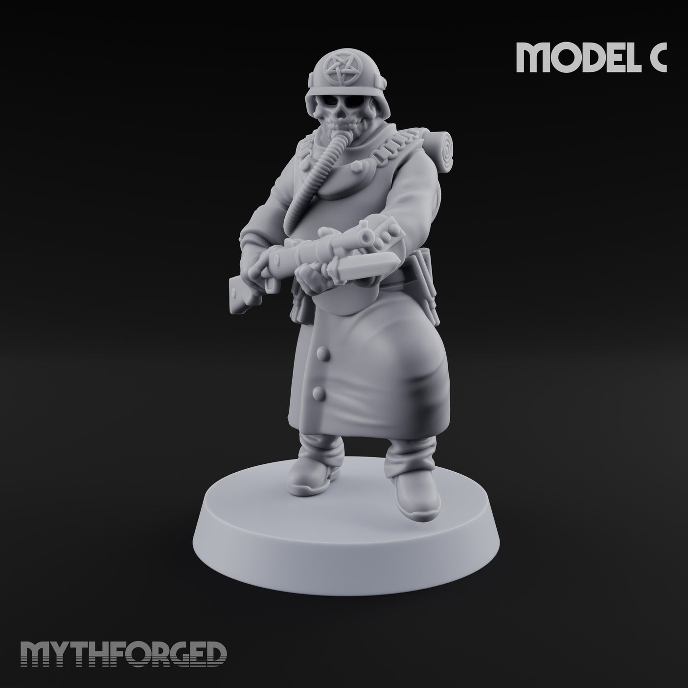 Gas-Masked Trenchcoated Skeleton Trooper C Miniature for Dungeons and Dragons, Pathfinder or other TTRPGs