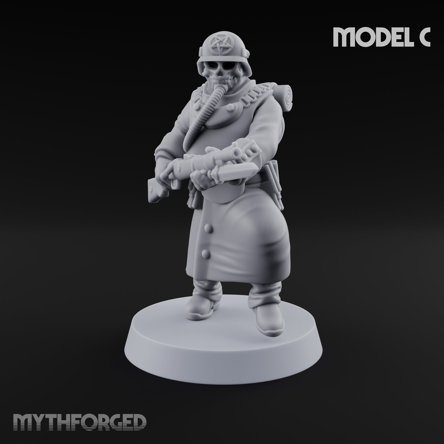 Gas-Masked Trenchcoated Skeleton Trooper C Miniature for Dungeons and Dragons, Pathfinder or other TTRPGs