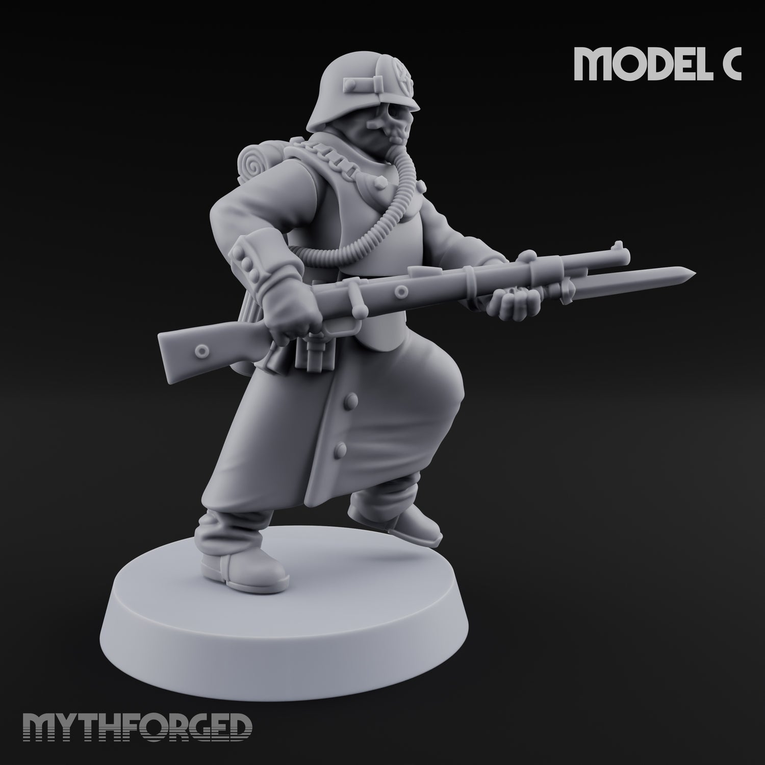 Gas-Masked Trenchcoated Skeleton Trooper C Miniature for Dungeons and Dragons, Pathfinder or other TTRPGs