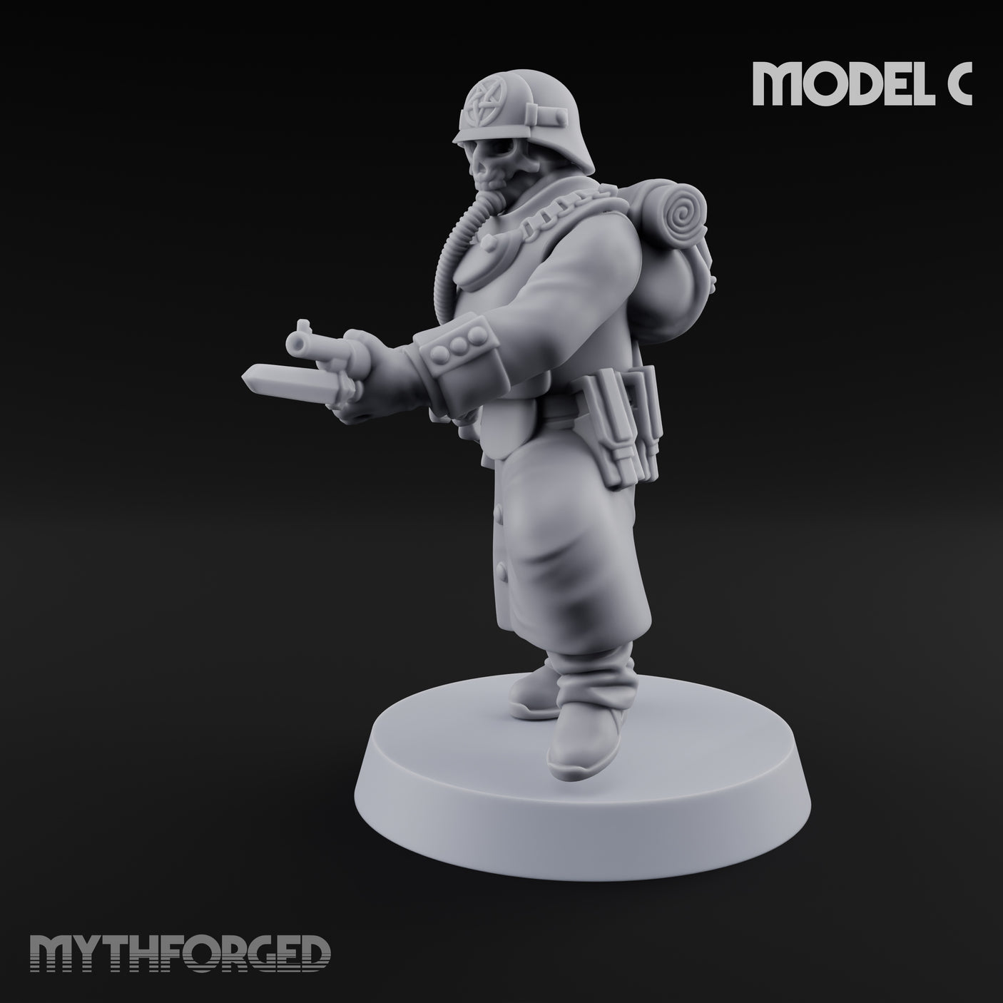 Gas-Masked Trenchcoated Skeleton Trooper C Miniature for Dungeons and Dragons, Pathfinder or other TTRPGs