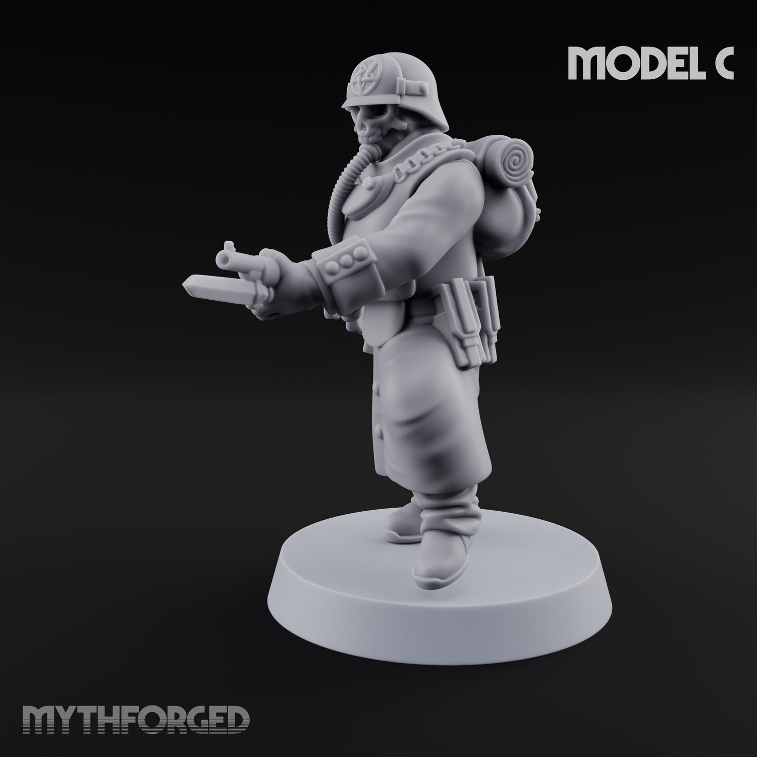 Gas-Masked Trenchcoated Skeleton Trooper C Miniature for Dungeons and Dragons, Pathfinder or other TTRPGs