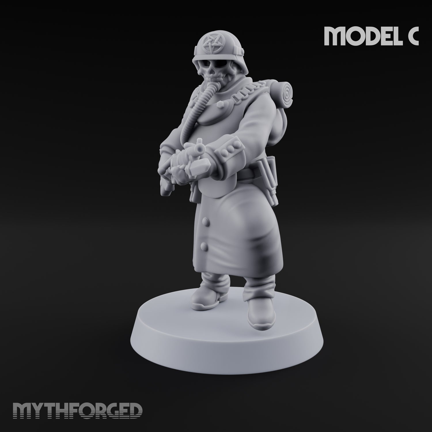 Gas-Masked Trenchcoated Skeleton Trooper C Miniature for Dungeons and Dragons, Pathfinder or other TTRPGs
