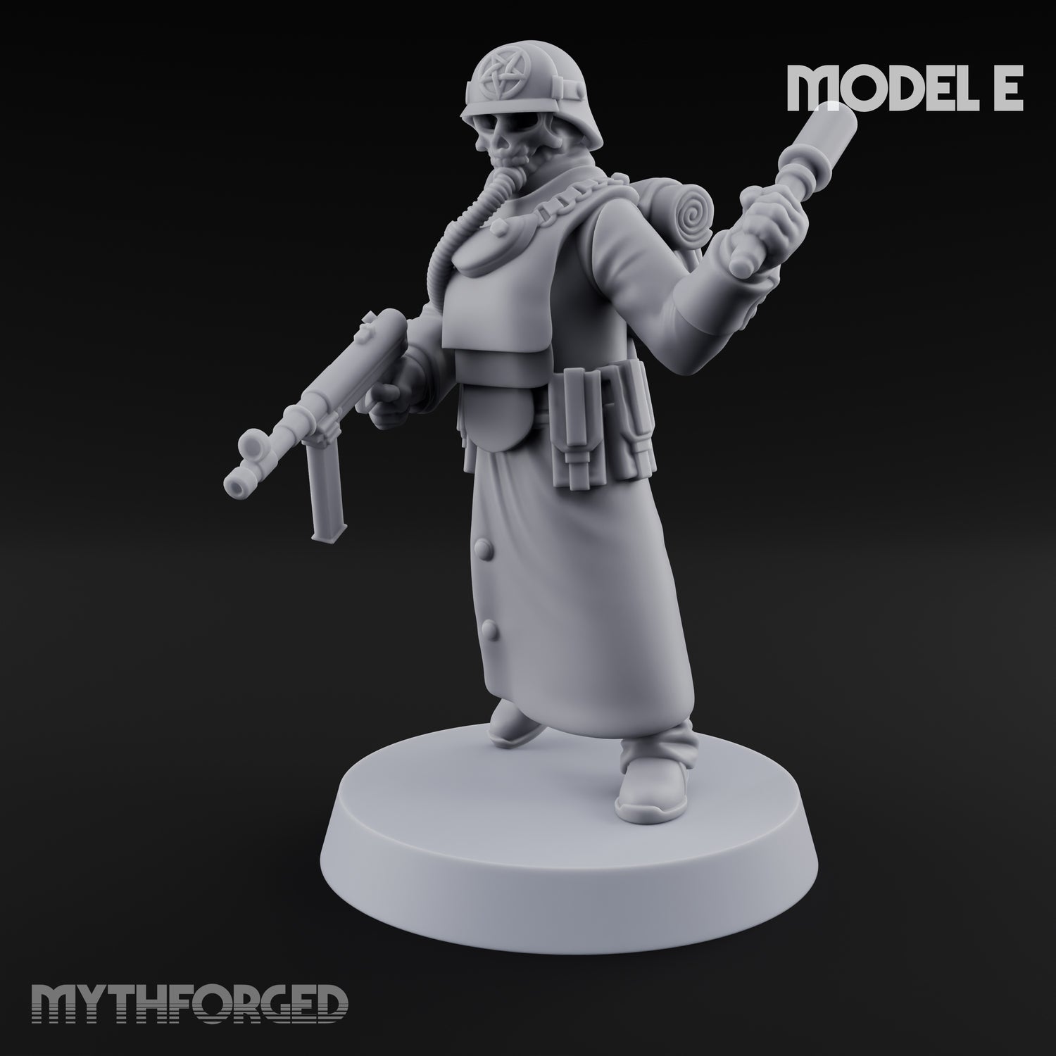 Gas-Masked Trenchcoated Skeleton Trooper E Miniature for Dungeons and Dragons, Pathfinder or other TTRPGs
