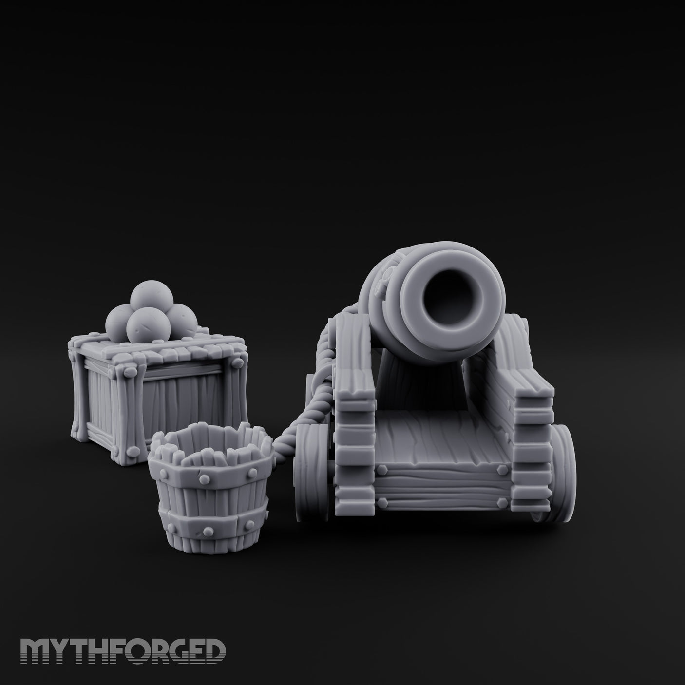 Ball-Stacked Rope-Trussed Ship Cannon and Ammunition Scene Miniature for Dungeons and Dragons, Pathfinder or other TTRPGs