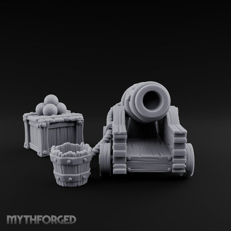 Ball-Stacked Rope-Trussed Ship Cannon and Ammunition Scene