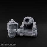 Ball-Stacked Rope-Trussed Ship Cannon and Ammunition Scene Miniature for Dungeons and Dragons, Pathfinder or other TTRPGs