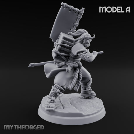 Banner Bearing Blade Drawing Oni Swordsman A Miniature for Dungeons and Dragons, Pathfinder or other TTRPGs