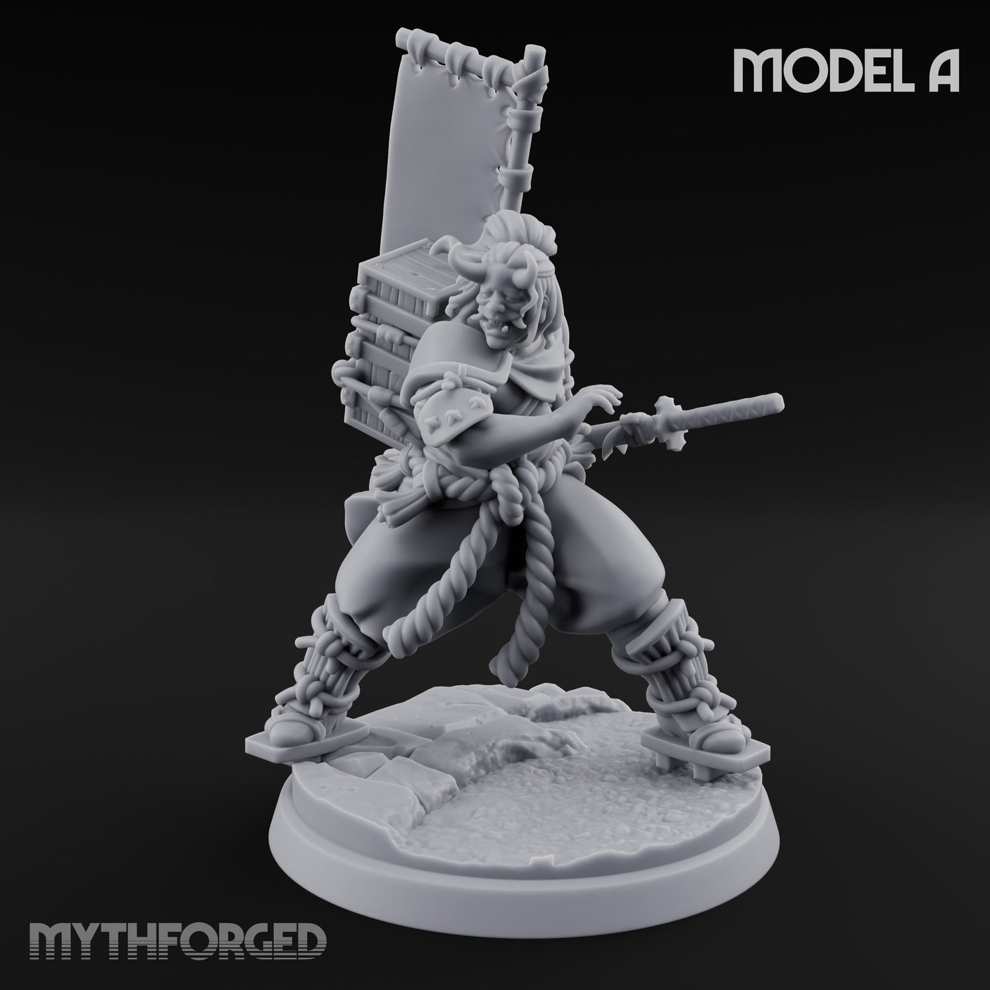 Banner Bearing Blade Drawing Oni Swordsman A Miniature for Dungeons and Dragons, Pathfinder or other TTRPGs