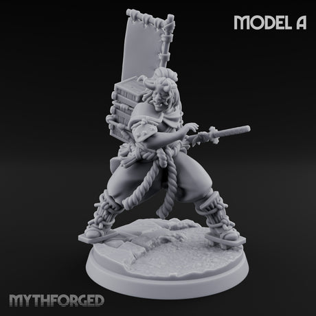 Banner Bearing Blade Drawing Oni Swordsman A Miniature for Dungeons and Dragons, Pathfinder or other TTRPGs