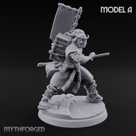 Banner Bearing Blade Drawing Oni Swordsman A Miniature for Dungeons and Dragons, Pathfinder or other TTRPGs