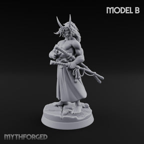 Banner Bearing Blade Drawing Oni Swordsman B Miniature for Dungeons and Dragons, Pathfinder or other TTRPGs